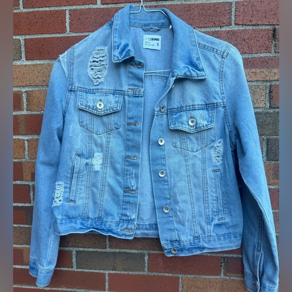Ci Sono Light Blue Distressed Denim Jacket.